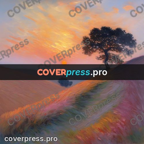 Monet style drawing: tree on a slope at sunset