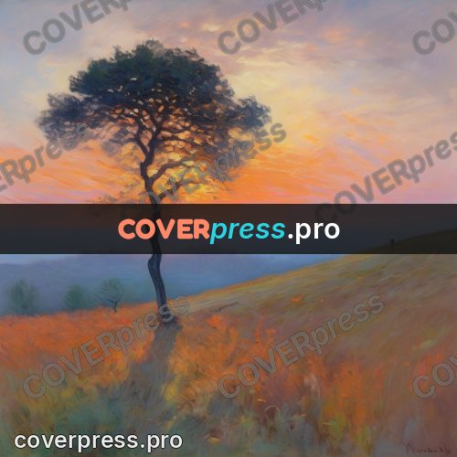 Monet style drawing: tree on a slope at sunset