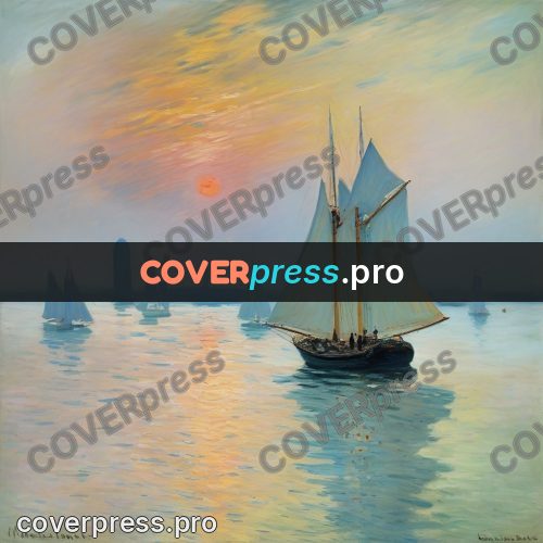 Monet style drawing: sailboats on sunset water
