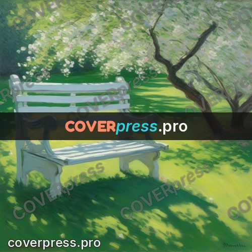 Monet style drawing: white bench in a blossoming garden
