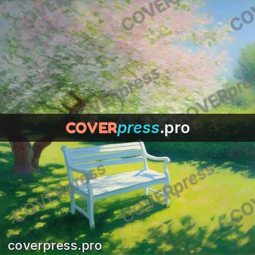 Monet style drawing: white bench in a blossoming garden