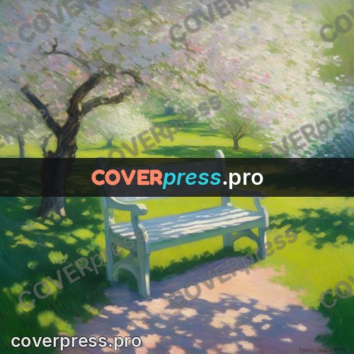 Monet style drawing: white bench in a blossoming garden