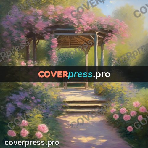 Monet style drawing: gazebo in a rose garden