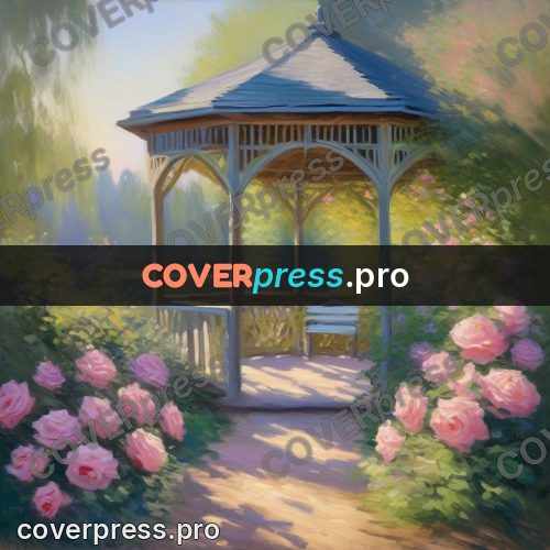 Monet style drawing: gazebo in a rose garden