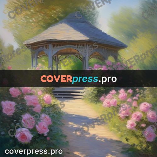 Monet style drawing: gazebo in a rose garden