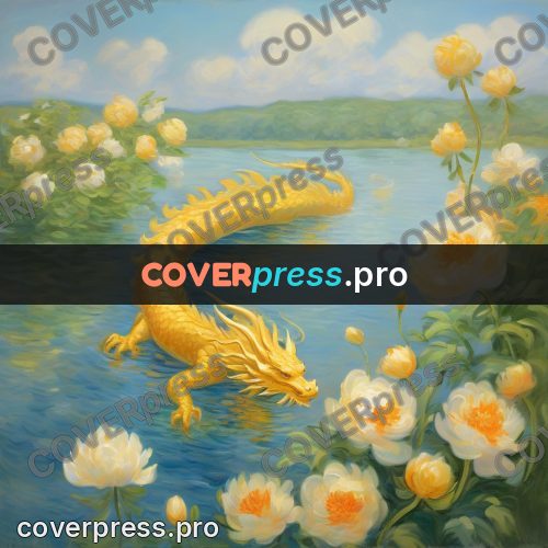 Monet style drawing: golden dragon in a pond