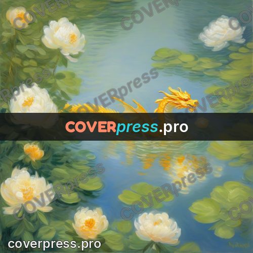 Monet style drawing: golden dragon in a pond