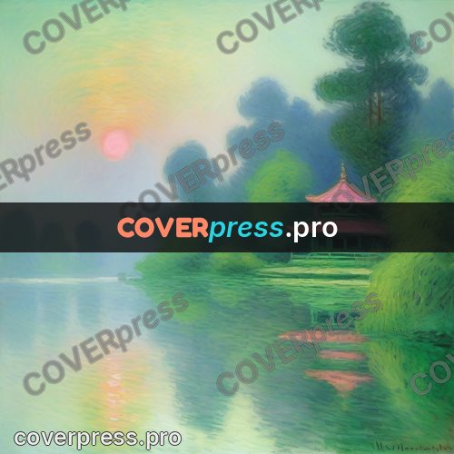 Monet style drawing: pavilion by water in fog
