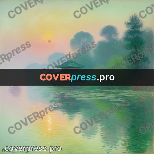 Monet style drawing: pavilion by water in fog