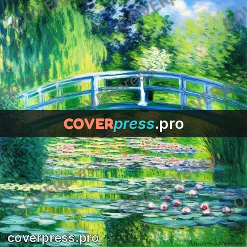 Monet style drawing: bridge over a lily pond