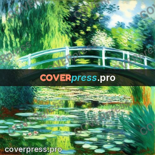 Monet style drawing: bridge over a lily pond