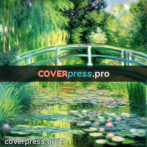 Monet style drawing: bridge over a lily pond