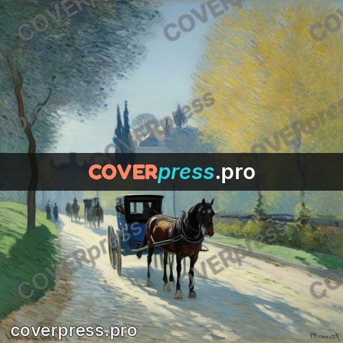 Monet style drawing: horse carriage on an avenue