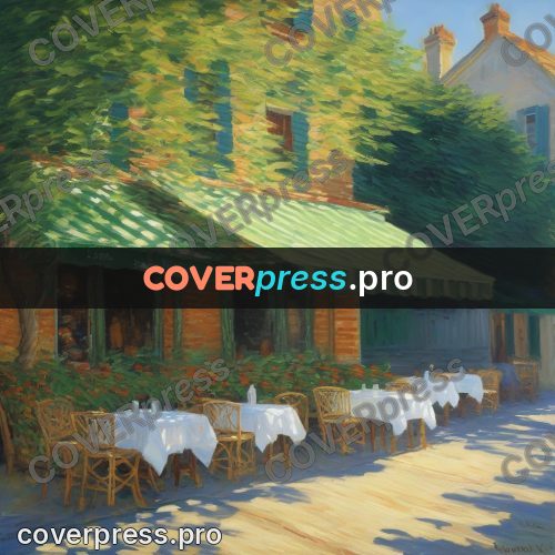Monet style drawing: cafe with a green awning