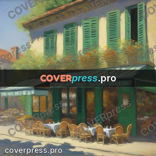 Monet style drawing: cafe with a green awning