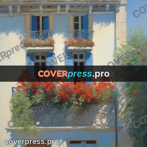 Monet style drawing: red geraniums on a balcony