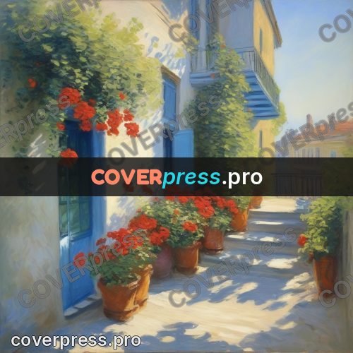 Monet style drawing: red geraniums on a balcony