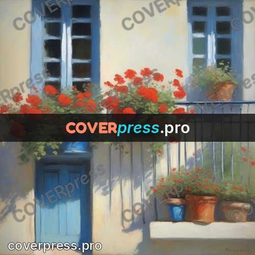 Monet style drawing: red geraniums on a balcony