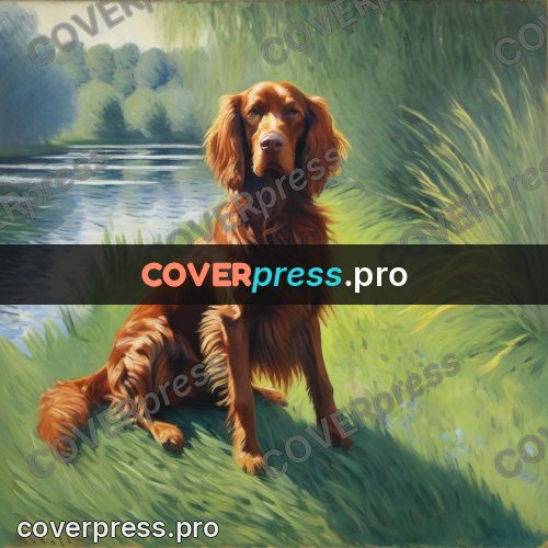 Monet style drawing: red dog by the river