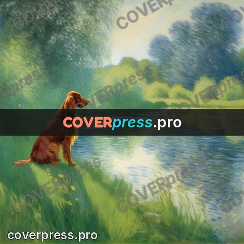 Monet style drawing: red dog by the river