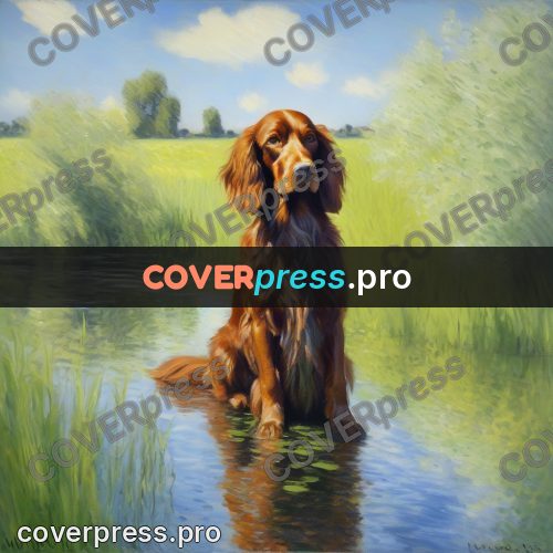 Monet style drawing: red dog by the river