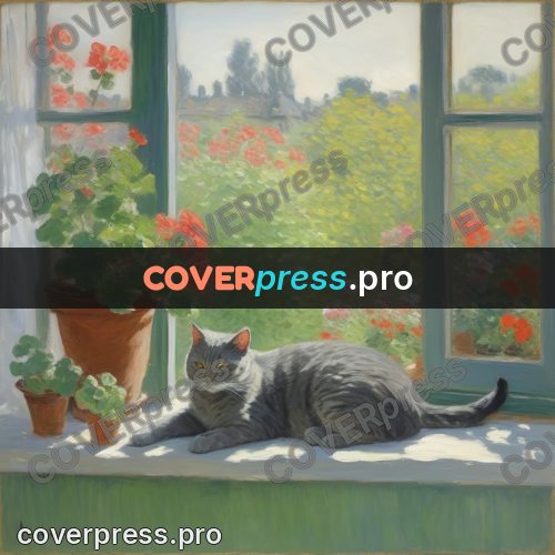 Monet style drawing: cat on a windowsill with geraniums
