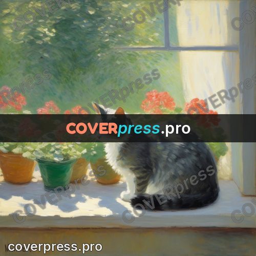 Monet style drawing: cat on a windowsill with geraniums