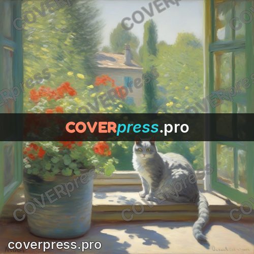 Monet style drawing: cat on a windowsill with geraniums