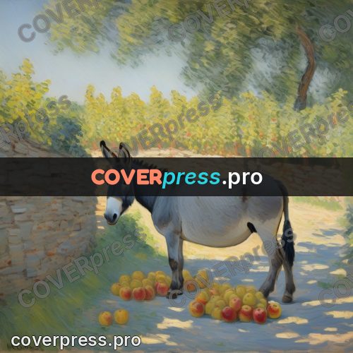 Monet style drawing: donkey by a stone wall