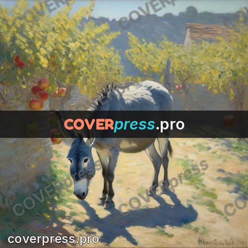Monet style drawing: donkey by a stone wall