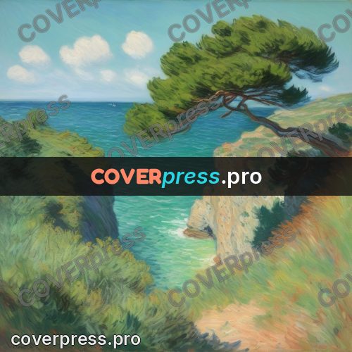 Monet style drawing: pine on a sea cliff