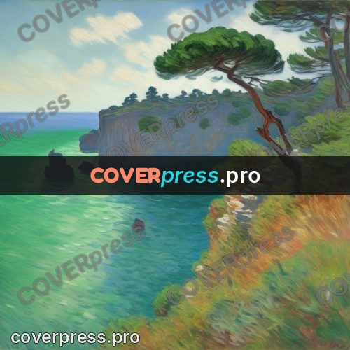 Monet style drawing: pine on a sea cliff