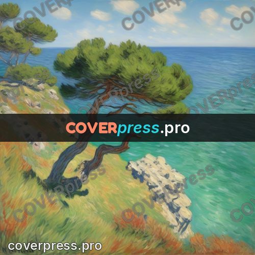 Monet style drawing: pine on a sea cliff