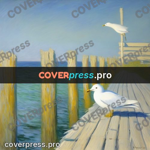 Monet style drawing: gull on a wooden pier