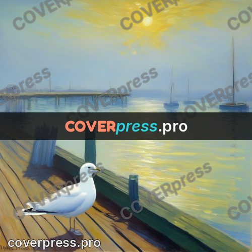 Monet style drawing: gull on a wooden pier