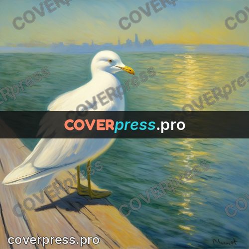 Monet style drawing: gull on a wooden pier