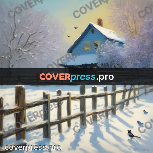 Monet style drawing: snowy yard with a fence