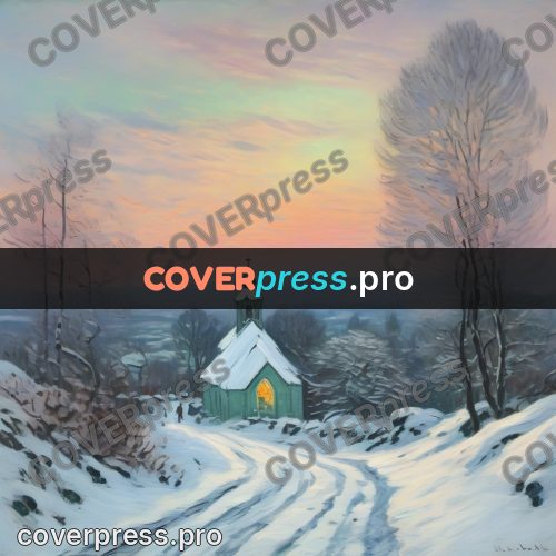 Monet style drawing: church by a winter road