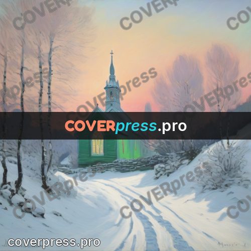 Monet style drawing: church by a winter road