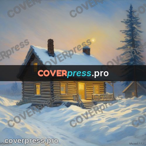 Monet style drawing: log house in the snow