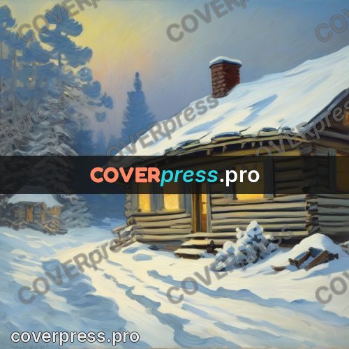 Monet style drawing: log house in the snow