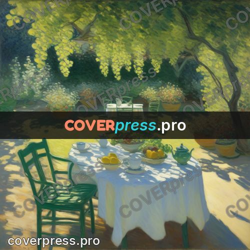 Monet style drawing: table in a garden under trees