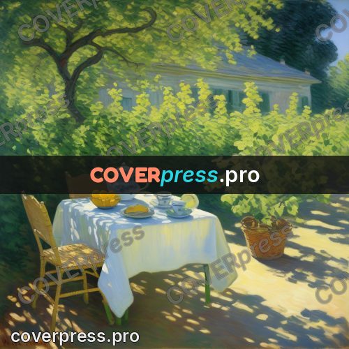 Monet style drawing: table in a garden under trees