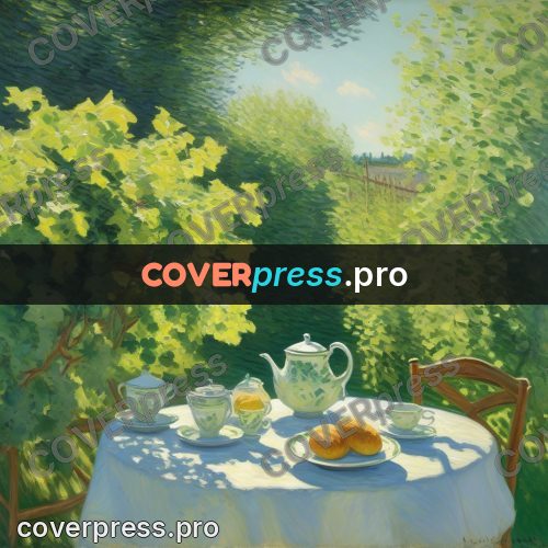 Monet style drawing: table in a garden under trees