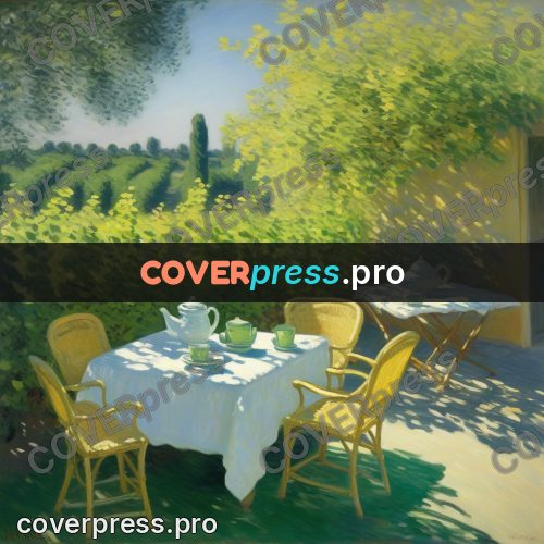 Monet style drawing: table in a garden under trees