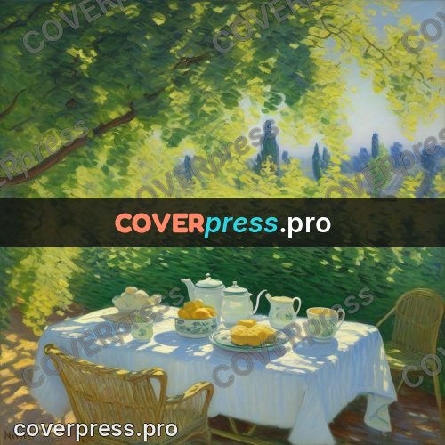 Monet style drawing: table in a garden under trees
