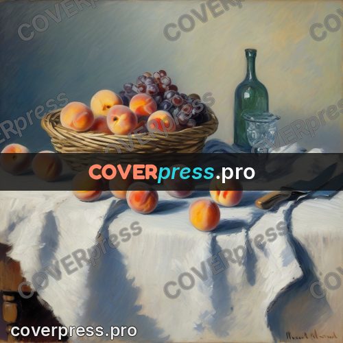 Monet style drawing: basket of peaches on a table