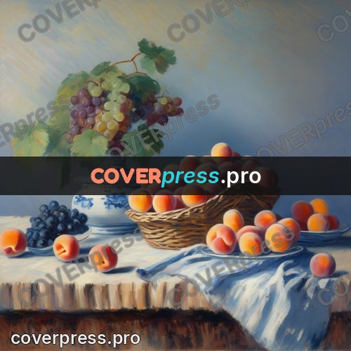 Monet style drawing: basket of peaches on a table