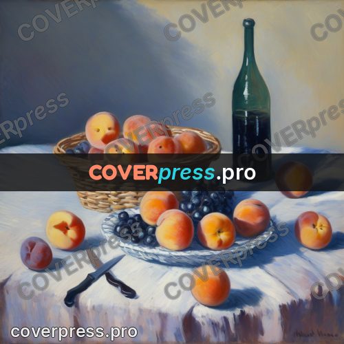 Monet style drawing: basket of peaches on a table