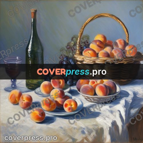 Monet style drawing: basket of peaches on a table